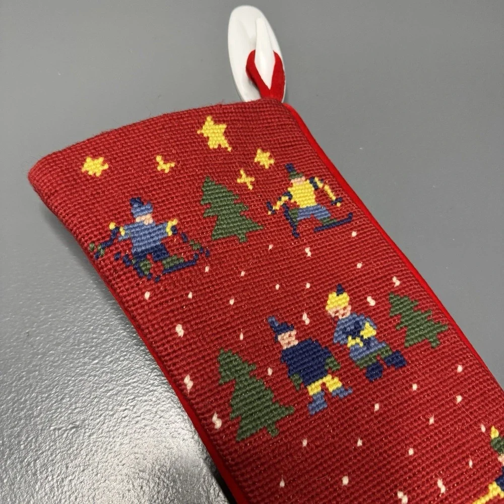 Vintage Needlepoint Christmas Stocking Wool Red Velvet Winter Sports Sled Ski #2